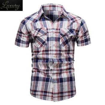 Мужская рубашка в клетку из 100% хлопка, модный бренд, качественная мужская деловая летняя одежда в клетку с коротким рукавом