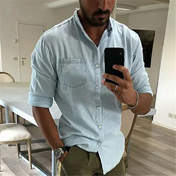 Мужская рубашка с длинным рукавом 2023 Весна и осень Новая корейская версия молодежной джинсовой повседневной рубашки большого размера