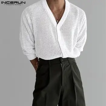 INCERUN Топы 2023, Мужская Простая Универсальная рубашка С Выдолбленным дизайном в Корейском стиле, Повседневная Мужская Трикотажная Блузка С V-образным вырезом и длинными рукавами S-5XL