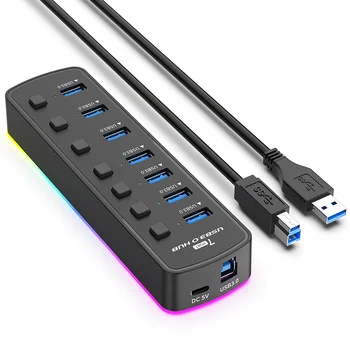 7-портовый USB-концентратор 3.0 с кабелем USB3.0, несколько портов с отдельными светодиодными переключателями включения / выключения, USB-разветвитель для ноутбуков и ПК