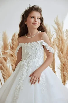 Платье с цветочным узором для девочки, Белая пышная тюлевая наклейка, расшитая бисером, Свадебное платье на одно плечо, Элегантное детское евхаристическое платье на день рождения в цветочек