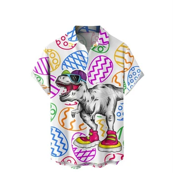 Винтажные рубашки с 3D-печатью динозавров и животных, мужские повседневные Модные топы с коротким рукавом, уличная одежда с лацканами, Свободная Летняя цифровая мужская рубашка