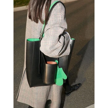 2023 Японская Корейская Контрастная Зеленая Женская сумка Через плечо Для Отдыха Большой Емкости Для Поездок На работу 2-в-1, Сумки-тоут, Модная Универсальность