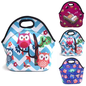 Новая неопреновая сумка для ланча для женщин, сумки для ланча с рисунком совы, сумка для пикника с карманом для посуды, детские закуски для женщин и детей