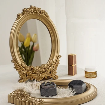 Настольное зеркало с резьбой в деревенском французском Дворцовом стиле, Настольное зеркало с Золотым Зеркальным подносом, Декоративное Зеркало для дома, стол для спальни, Зеркало для макияжа