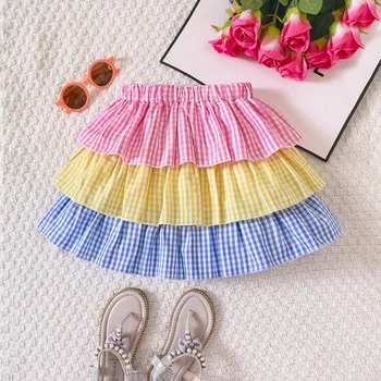 Летняя новая юбка-полукомбинезон для девочек в разноцветную клетку