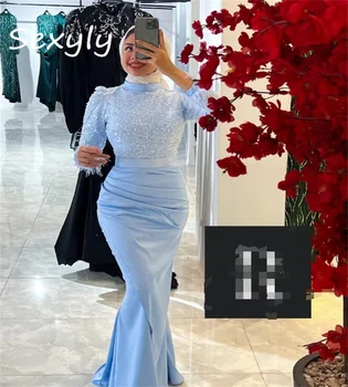 Красивое голубое мусульманское платье для выпускного вечера с пером 2023, Арабское вечернее платье с блестками, Русалка с высоким воротом, Элегантное вечернее платье Абайя