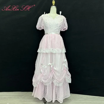 AnXin SH розовый шифон белое цветочное кружево Французская принцесса v образный вырез пышные рукава оборки бант молния трапециевидное свадебное платье невесты под старину