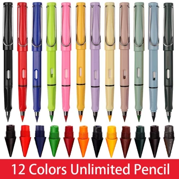 12 Цветов, Вечный набор карандашей с ластиком, Неограниченное количество карандашей для письма, Вечные стираемые карандашные ручки для детей, школьные принадлежности для творчества