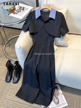 2023 Летние винтажные платья в стиле пэчворк с пышными рукавами и отложным воротником, женские повседневные шифоновые облегающие черные платья Миди с высокой талией