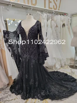 Традиционные черные готические свадебные платья русалки с расклешенным длинным рукавом, кружевное свадебное платье с цветочным узором 