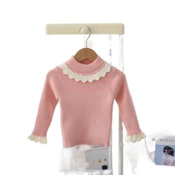 Осенне-зимняя одежда, детский вязаный свитер, однотонный пуловер с круглым вырезом для девочек, детский топ с кружевной каймой