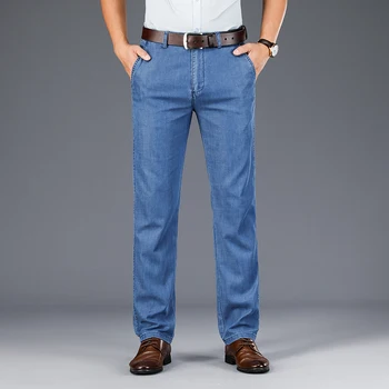 Классические весенне-летние тонкие джинсы из лиоцелла, мужские высококачественные брюки из стрейч-денима с прямыми штанинами, мужские фирменные брюки, синие, черные