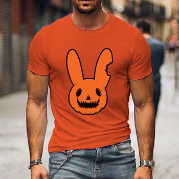 Мужские футболки, забавные футболки с кроликом на Хэллоуин, Классические футболки с коротким рукавом, топы с тыквой, футболки для мужчин-хипстеров на Хэллоуин