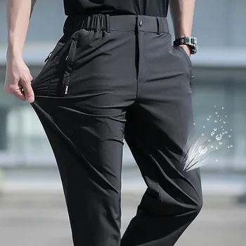 L-8XL Мужские летние брюки большого размера из ледяного шелка, стрейчевые дышащие брюки с прямыми штанинами, 6XL Быстросохнущая резинка, черные брюки