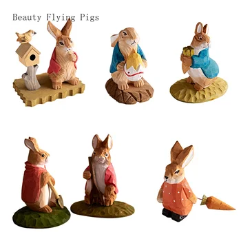 Резные украшения в виде кролика из массива дерева, деревянная столешница с маленьким кроликом, мультяшные статуэтки животных ручной работы для украшения