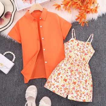 Летний модный комплект из 2 предметов для девочек в паре с футболками с короткими рукавами, юбкой с цветочным принтом Бабочки, Повседневная детская одежда