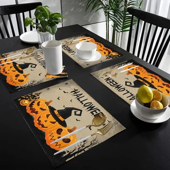 Украшение стола на Хэллоуин 2023 Салфетка для столовых приборов Моющаяся Скатерть Украшение обеденного стола с призраком тыквы на Хэллоуин