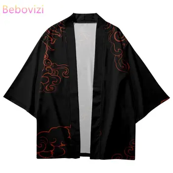 Японское черное Кимоно Модный принт Хаори Летний Пляжный женский кардиган Юката Традиционный Самурайский Мужская Азиатская одежда больших размеров