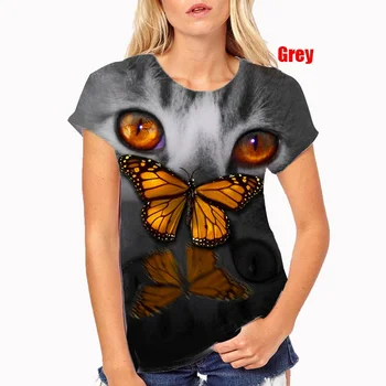 Новая модная женская футболка с круглым вырезом и 3D животным принтом, повседневная футболка с принтом кошек и бабочек