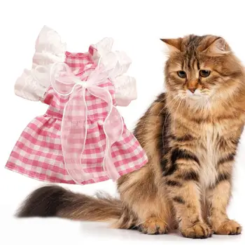 Платье принцессы-кошки, кружевная строчка, квадратный воротник, рукава с рюшами, Клетчатый принт, Домашняя Собака, Кошка, юбка с бантом, повседневная одежда