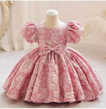 Винтажное платье принцессы для маленьких девочек с цветочным рисунком, Детское платье-пачка с пышными рукавами, Розовое Свадебное платье-пачка на День рождения, Роскошная Одежда для детей