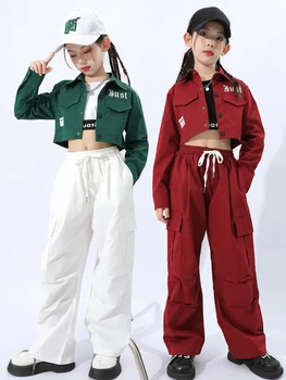 Современная джазовая танцевальная рейв-одежда для девочек, костюм для выступления в стиле хип-хоп, Короткая куртка, Свободные брюки-карго, концертный Kpop Наряд BL9554
