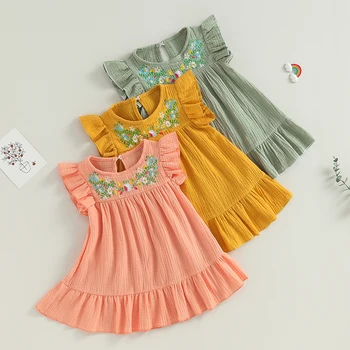 Хлопковое льняное платье для маленьких девочек, сарафан без рукавов с рюшами, расклешенное платье с цветочной вышивкой, детская летняя одежда (розовый 1-2)
