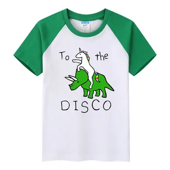 На дискотеку, верхом на единороге, с принтом трицератопса, летняя детская одежда, футболка с короткими рукавами для мальчиков, повседневный топ контрастного цвета