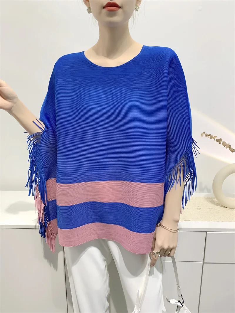 GGHK 2023 Летняя плиссированная футболка с кисточками, свободная тонкая блузка с цветными блоками, женская одежда корейского дизайнера в пригородном стиле, эстетичная одежда Изображение 1