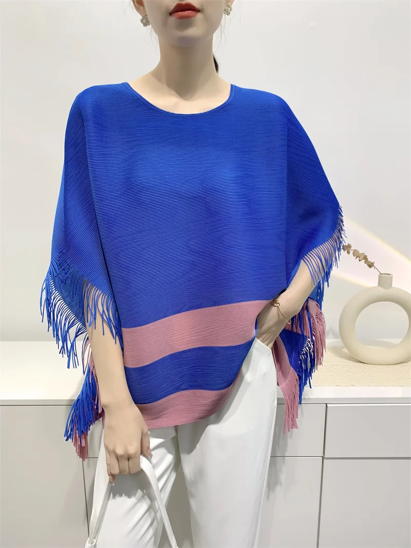 GGHK 2023 Летняя плиссированная футболка с кисточками, свободная тонкая блузка с цветными блоками, женская одежда корейского дизайнера в пригородном стиле, эстетичная одежда Изображение 2