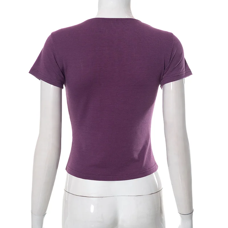 Gtpdpllt Фиолетовый укороченный топ Y2k, Винтажные футболки с V-образным вырезом и пряжкой в китайском стиле, Милый Сексуальный кардиган, Летняя женская одежда Изображение 5