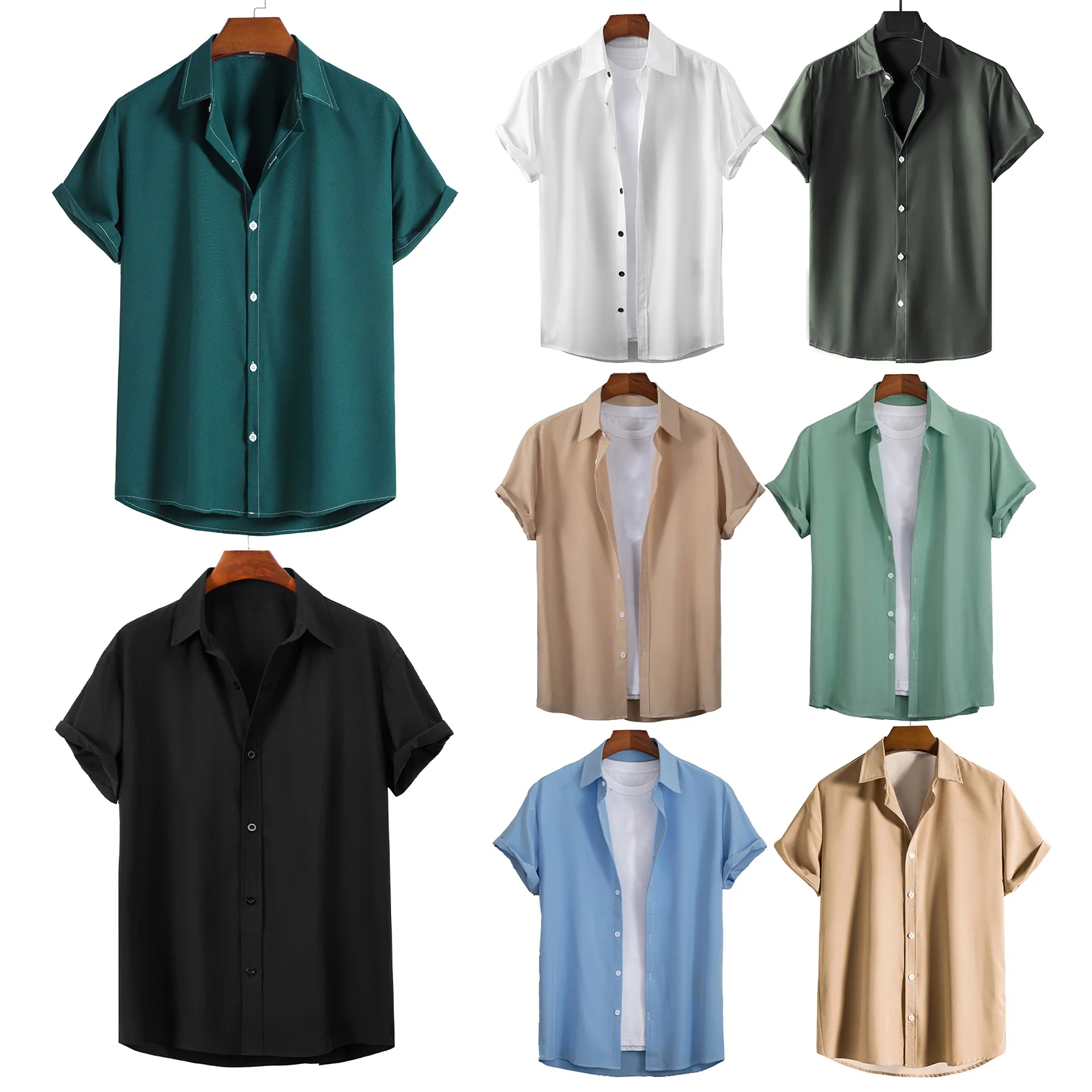 Повседневные летние мужские рубашки с коротким рукавом, модная уличная одежда, однотонная дышащая мужская модная одежда, рубашка на пуговицах, лагерные топы Изображение 4