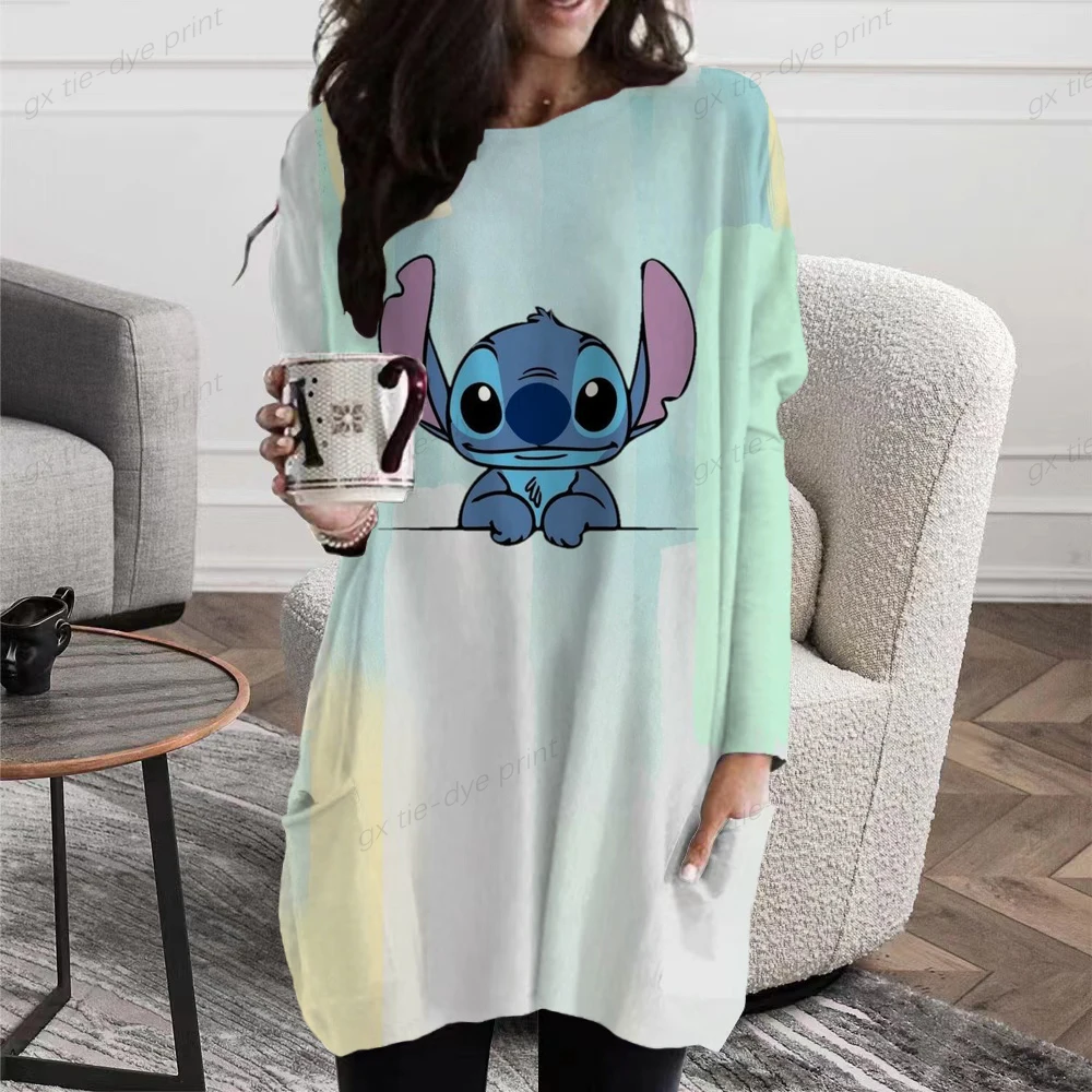 Весенне-осенняя Женская футболка с длинными рукавами и принтом Disney Lilo & Stitch, Женский Свободный Корейский топ С V-образным вырезом, Повседневная модная трендовая футболка- Изображение 1
