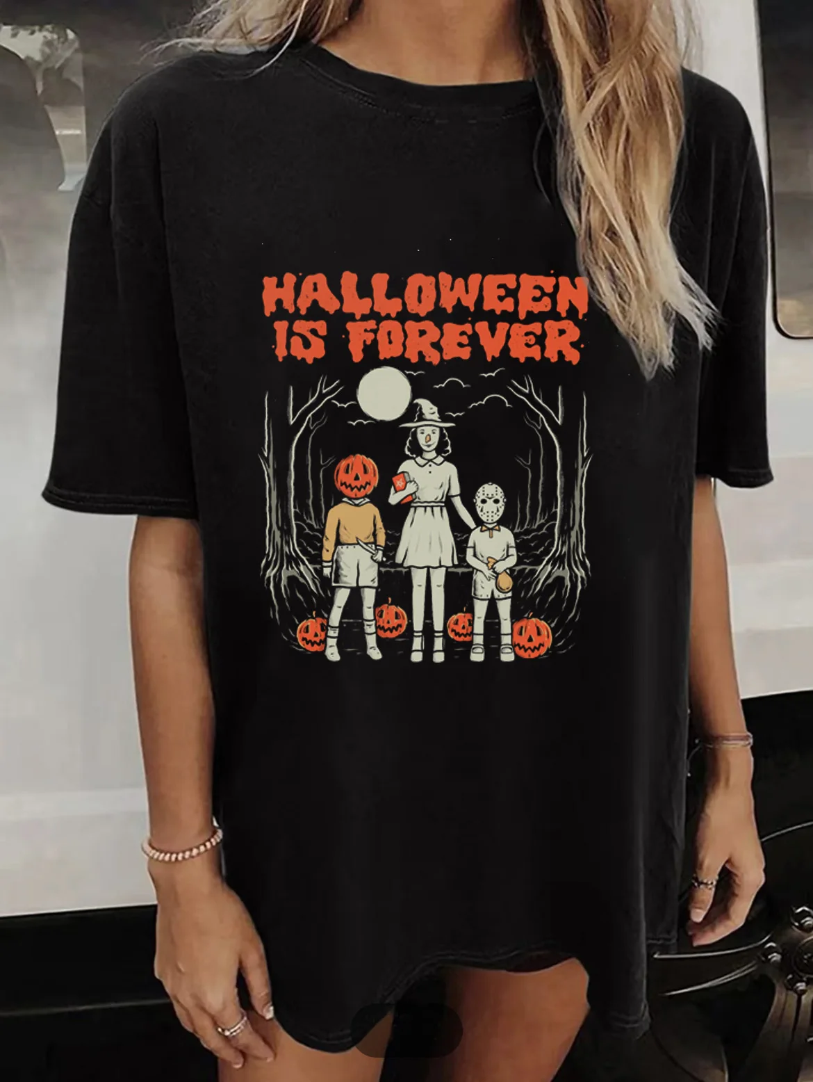 Футболка Новый топ 90-х на Хэллоуин, одежда из 100% хлопка с коротким рукавом, женская модная летняя футболка с забавным рисунком тыквы, Черная футболка Изображение 0
