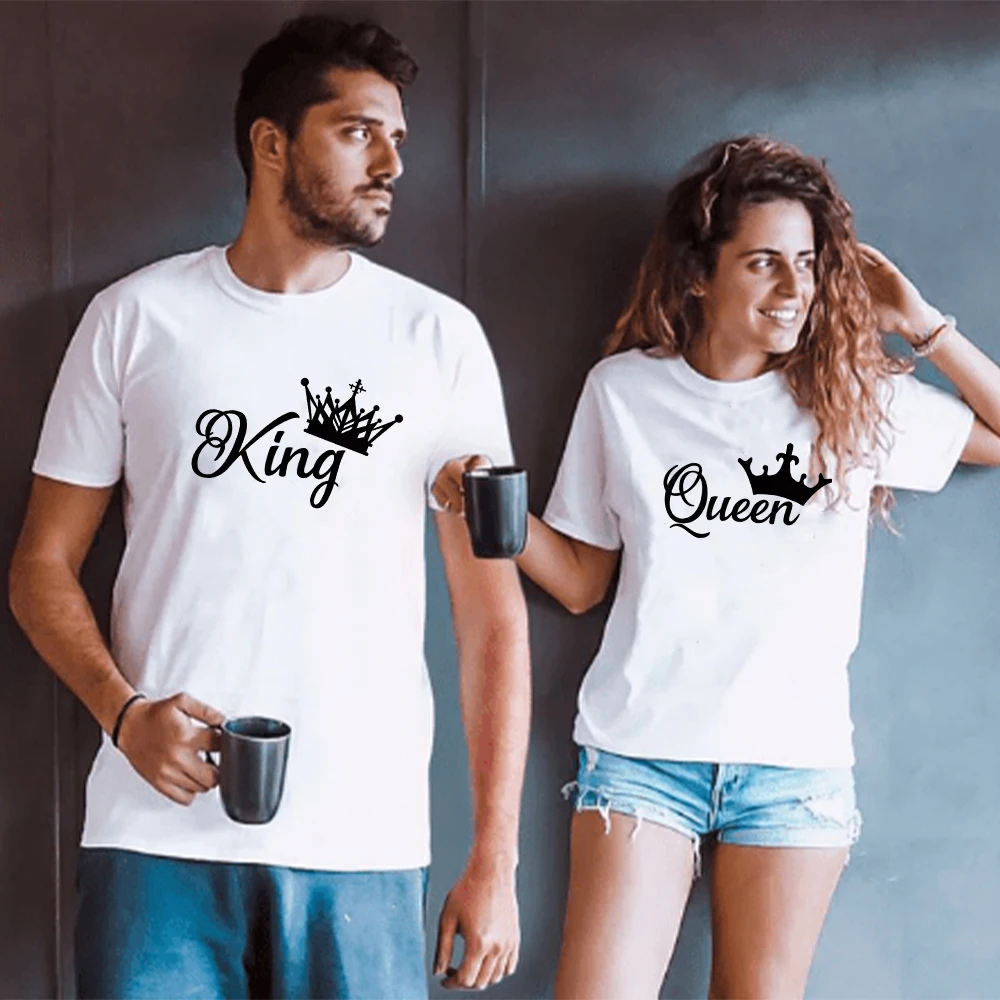 Пара футболок Летние мужские / женские футболки King Queen из цельного хлопка, футболки высокого качества, одежда для любителей моды Изображение 0