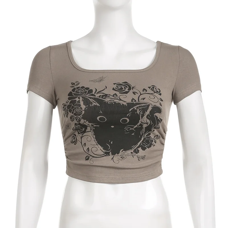 Трикотажная футболка с квадратным вырезом и принтом кошки в стиле ретро с граффити, Модная футболка для пикантных девушек Изображение 0
