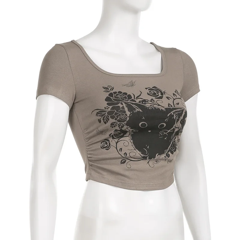 Трикотажная футболка с квадратным вырезом и принтом кошки в стиле ретро с граффити, Модная футболка для пикантных девушек Изображение 2