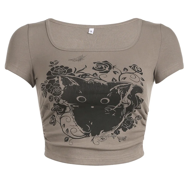 Трикотажная футболка с квадратным вырезом и принтом кошки в стиле ретро с граффити, Модная футболка для пикантных девушек Изображение 4