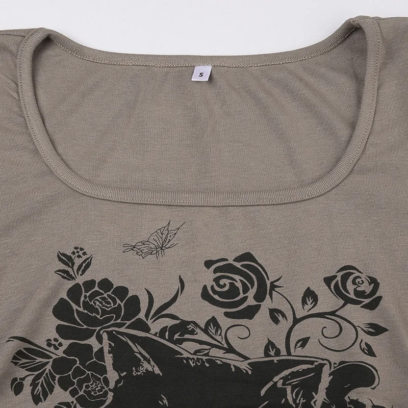 Трикотажная футболка с квадратным вырезом и принтом кошки в стиле ретро с граффити, Модная футболка для пикантных девушек Изображение 5