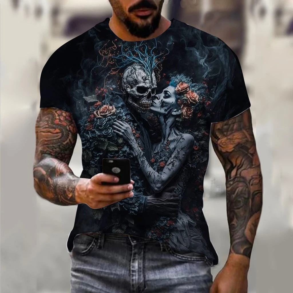 Винтажная мужская футболка с 3D-принтом ужасного черепа, Летняя классическая Повседневная футболка с круглым вырезом и коротким рукавом, модные свободные топы оверсайз, футболка для мужчин Изображение 0
