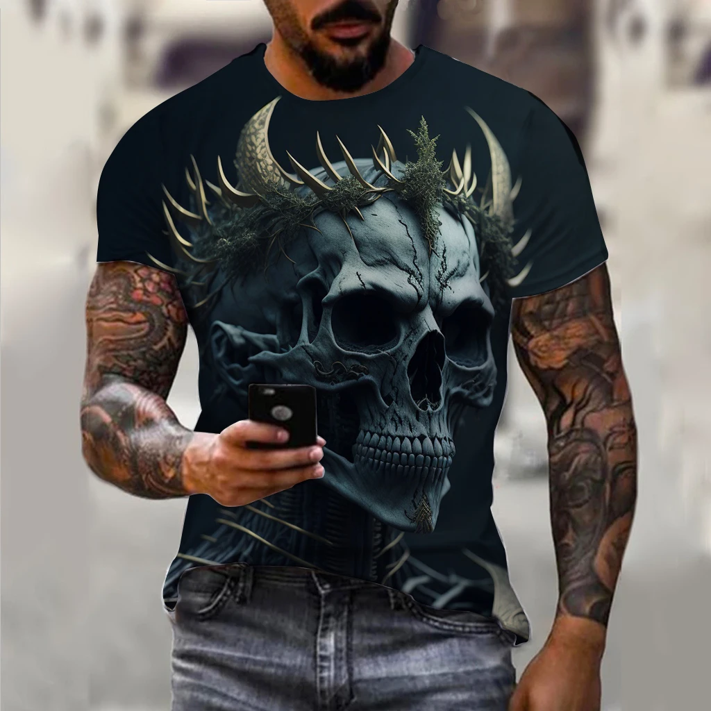 Винтажная мужская футболка с 3D-принтом ужасного черепа, Летняя классическая Повседневная футболка с круглым вырезом и коротким рукавом, модные свободные топы оверсайз, футболка для мужчин Изображение 1