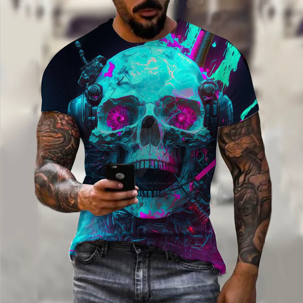 Винтажная мужская футболка с 3D-принтом ужасного черепа, Летняя классическая Повседневная футболка с круглым вырезом и коротким рукавом, модные свободные топы оверсайз, футболка для мужчин Изображение 2
