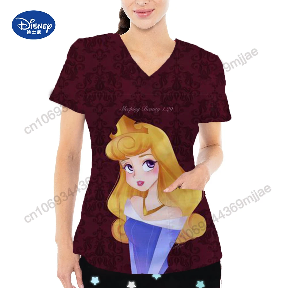 Женские футболки Disney с V-образным вырезом и карманом для женщин, Женская футболка, Летние топы, Одежда Y2k, Женская Корейская модная Женская блузка 2023 Изображение 1