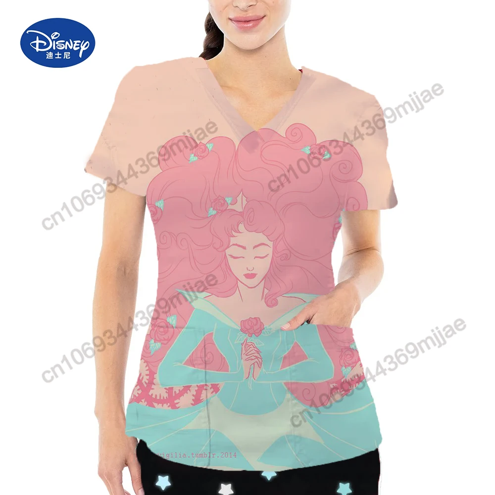 Женские футболки Disney с V-образным вырезом и карманом для женщин, Женская футболка, Летние топы, Одежда Y2k, Женская Корейская модная Женская блузка 2023 Изображение 3