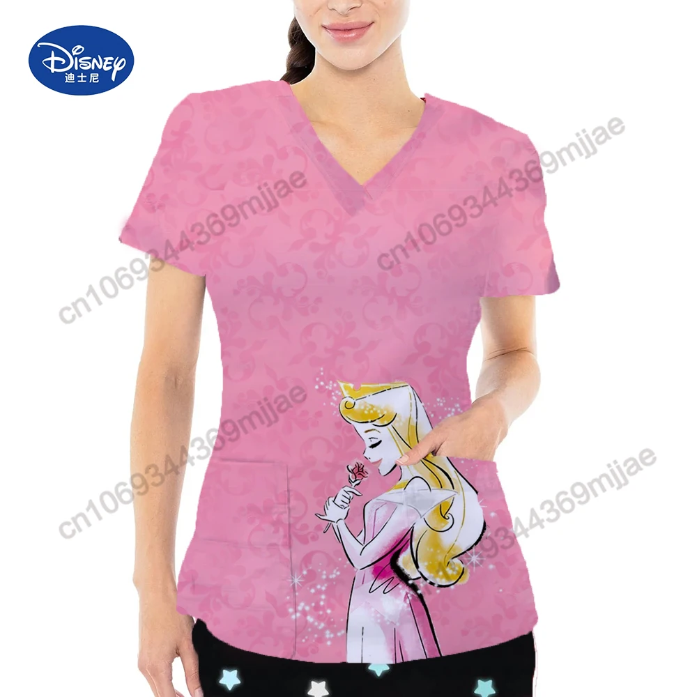 Женские футболки Disney с V-образным вырезом и карманом для женщин, Женская футболка, Летние топы, Одежда Y2k, Женская Корейская модная Женская блузка 2023 Изображение 4