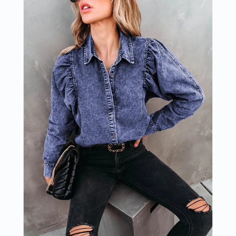 Осенне-зимняя модная Повседневная Уличная джинсовая рубашка свободного кроя с длинным рукавом, Женская рубашка, куртка, пальто, Топы с длинным рукавом, женские Изображение 2