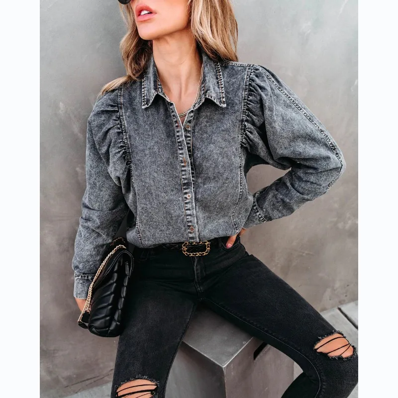 Осенне-зимняя модная Повседневная Уличная джинсовая рубашка свободного кроя с длинным рукавом, Женская рубашка, куртка, пальто, Топы с длинным рукавом, женские Изображение 3