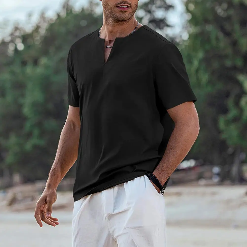 Мужская летняя футболка, Однотонный короткий рукав, V-образный вырез, Мягкий дышащий хлопковый льняной пуловер средней длины, повседневный повседневный пляжный топ Изображение 1