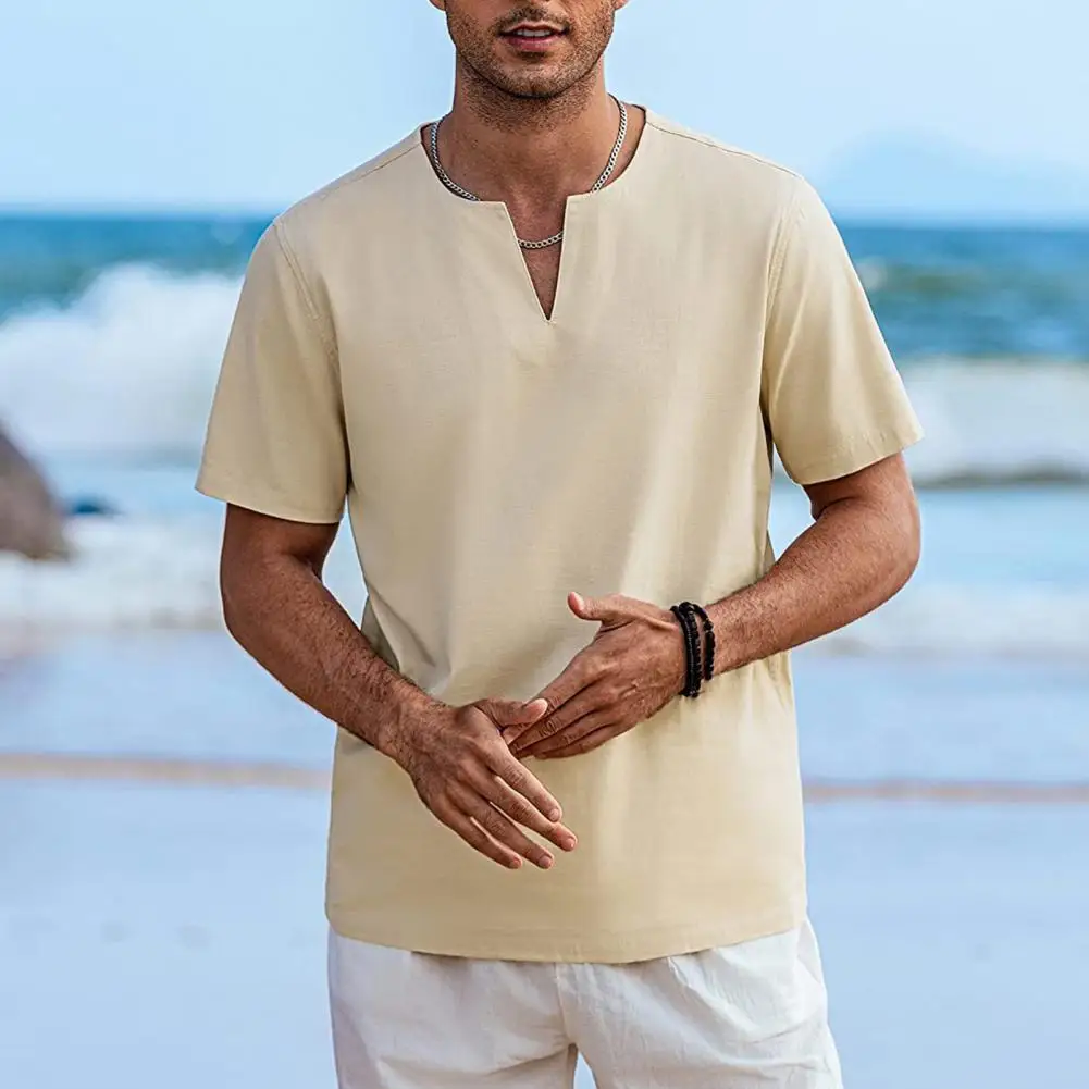 Мужская летняя футболка, Однотонный короткий рукав, V-образный вырез, Мягкий дышащий хлопковый льняной пуловер средней длины, повседневный повседневный пляжный топ Изображение 2